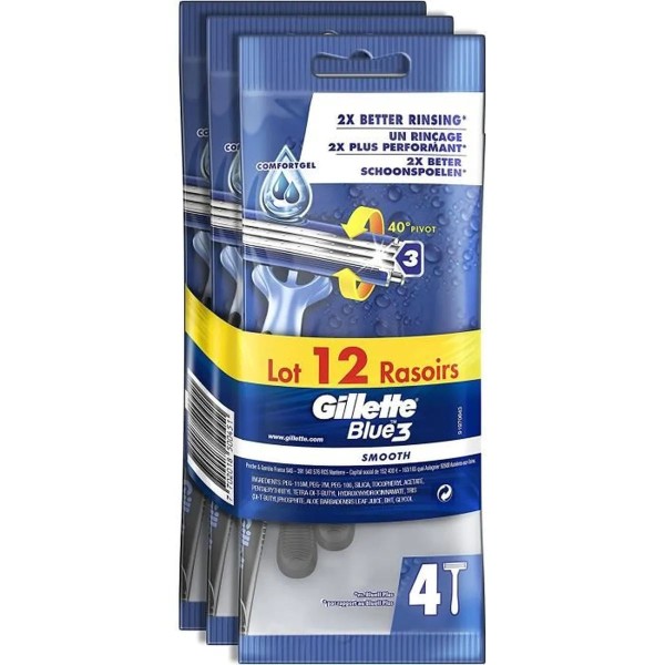 Gillette Blue 3 Smooth Rasoirs Jetables Homme Lot de 12