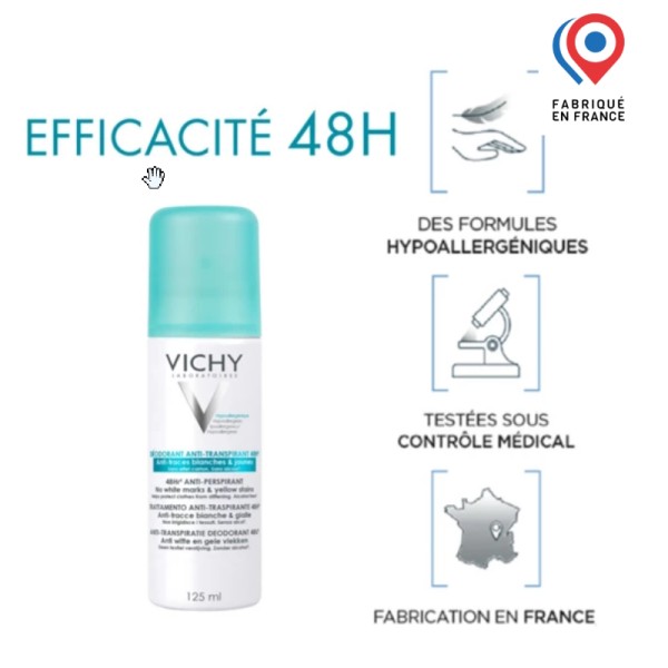 Vichy Déodorant Anti-Transpirant Anti-Traces Aérosol 48H Lot de 2 x 125 ml - Authentique Original