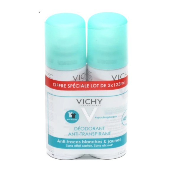 Vichy Déodorant Anti-Transpirant Anti-Traces Aérosol 48H Lot de 2 x 125 ml - Authentique Original