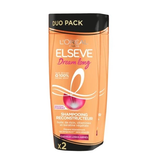 L'Oréal Paris Elseve Pack de 2 Shampoings Dream Long Reconstructeur Cheveux Longs Abîmés (2x300 ml)