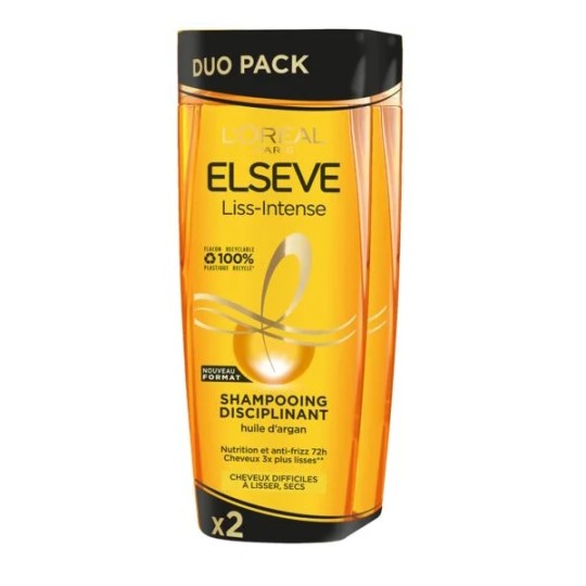 L'Oréal Paris Elseve Pack de 2 Shampoings Liss-Intense Disciplinant Huile d'Argan (2x350 ml)