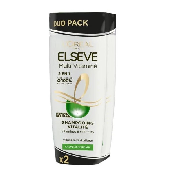 L'Oréal Paris Elseve Pack de 2 Shampoings Multivitaminé 2 en 1 Revitalisant (2x350 ml)