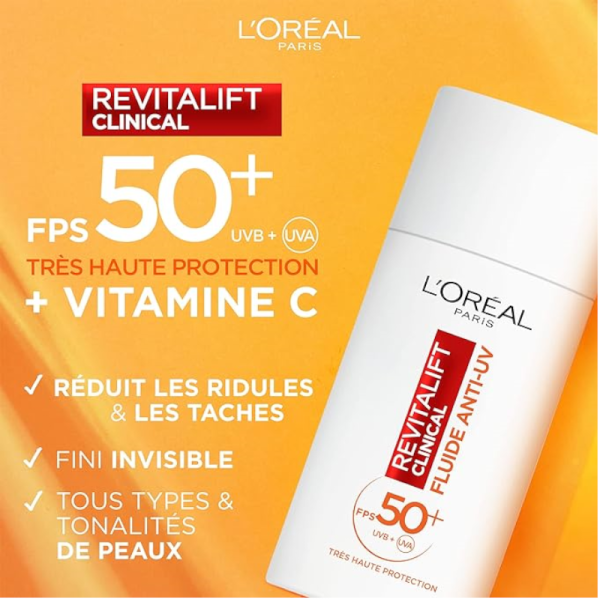 L'Oreal Paris Revitalift Clinical Fluide Anti-UV FPS 50+ Vitamine C – 50 ml - Authentique - Original