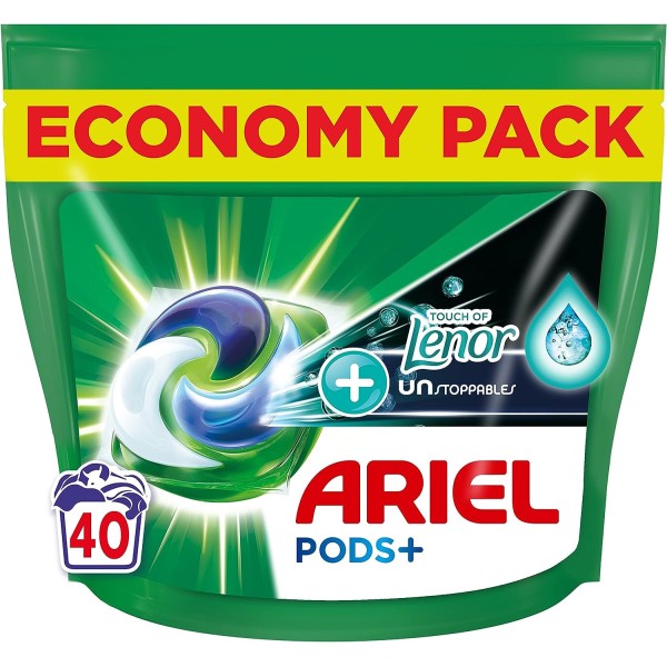 Ariel Pods+ 4 en 1 +Unstoppables Touche de Lenor (40 Capsules)