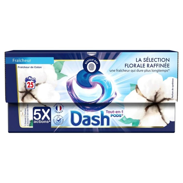 DASH Lessive Capsule Fraichaur de Coton Tout-En-1 Pods (25 Capsules)